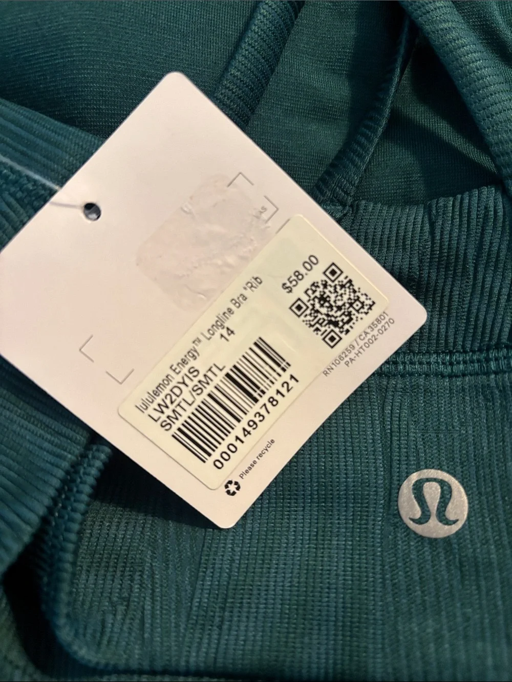 Lululemon Energy Bra Long Line *Ribbed, Storm Teal, Size 14